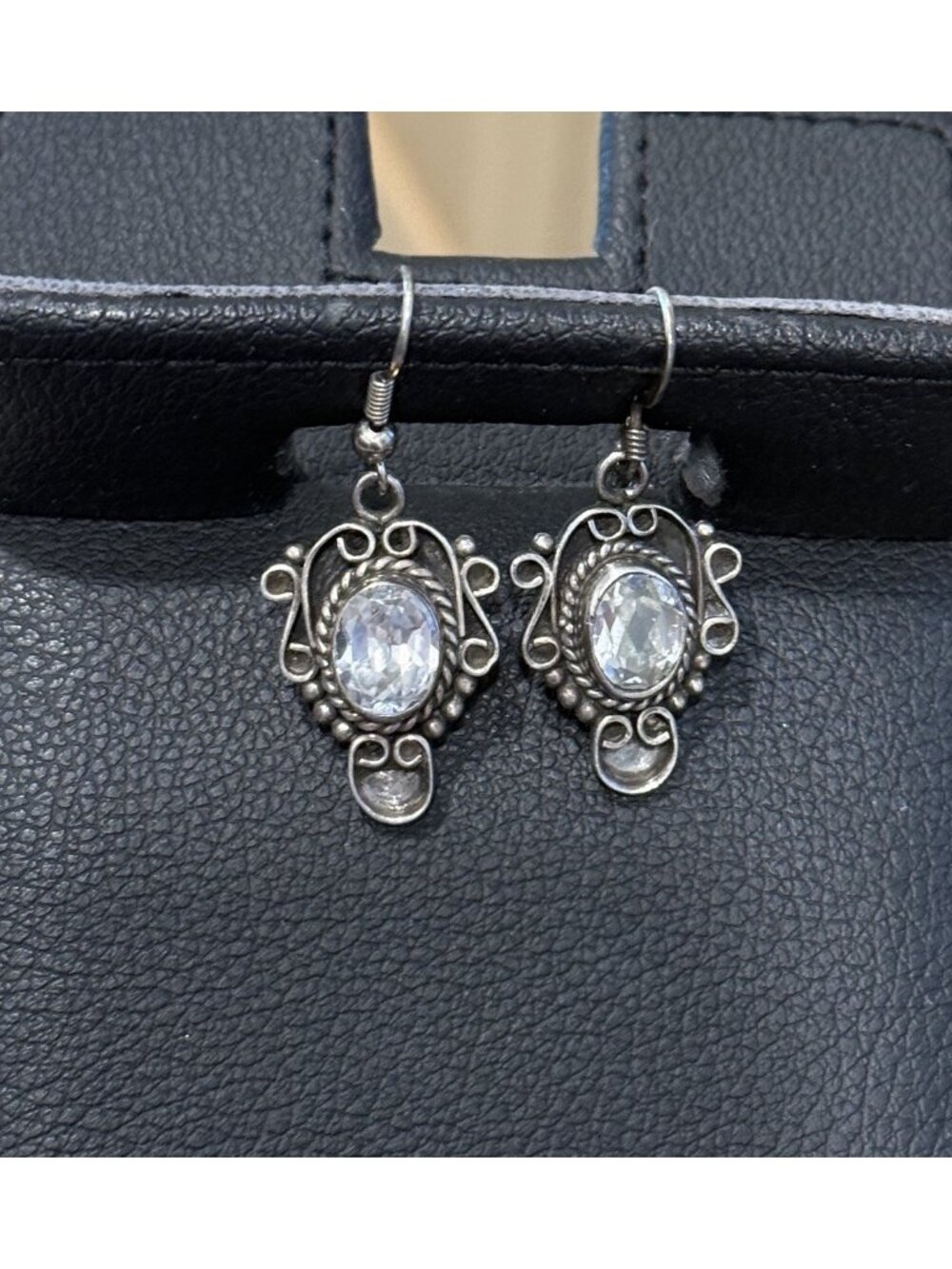 Vintage Filigree Scroll Dangle earrings With Crystal Stone Stamped 925